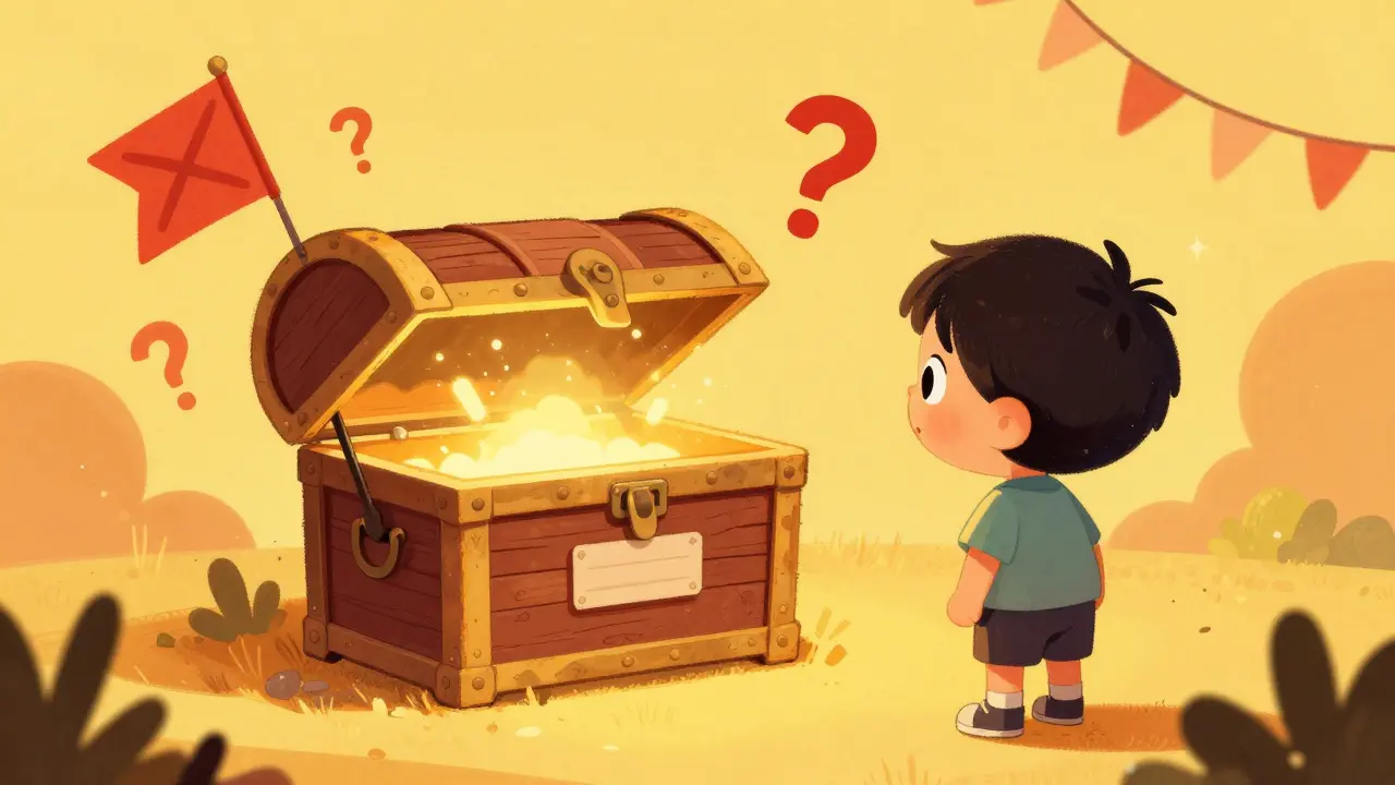 A cartoon character questioning a mysterious treasure chest surrounded by red warning flags.