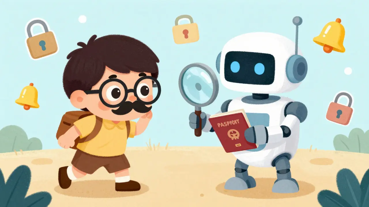 A character in disguise being stopped by a friendly robot with a magnifying glass.