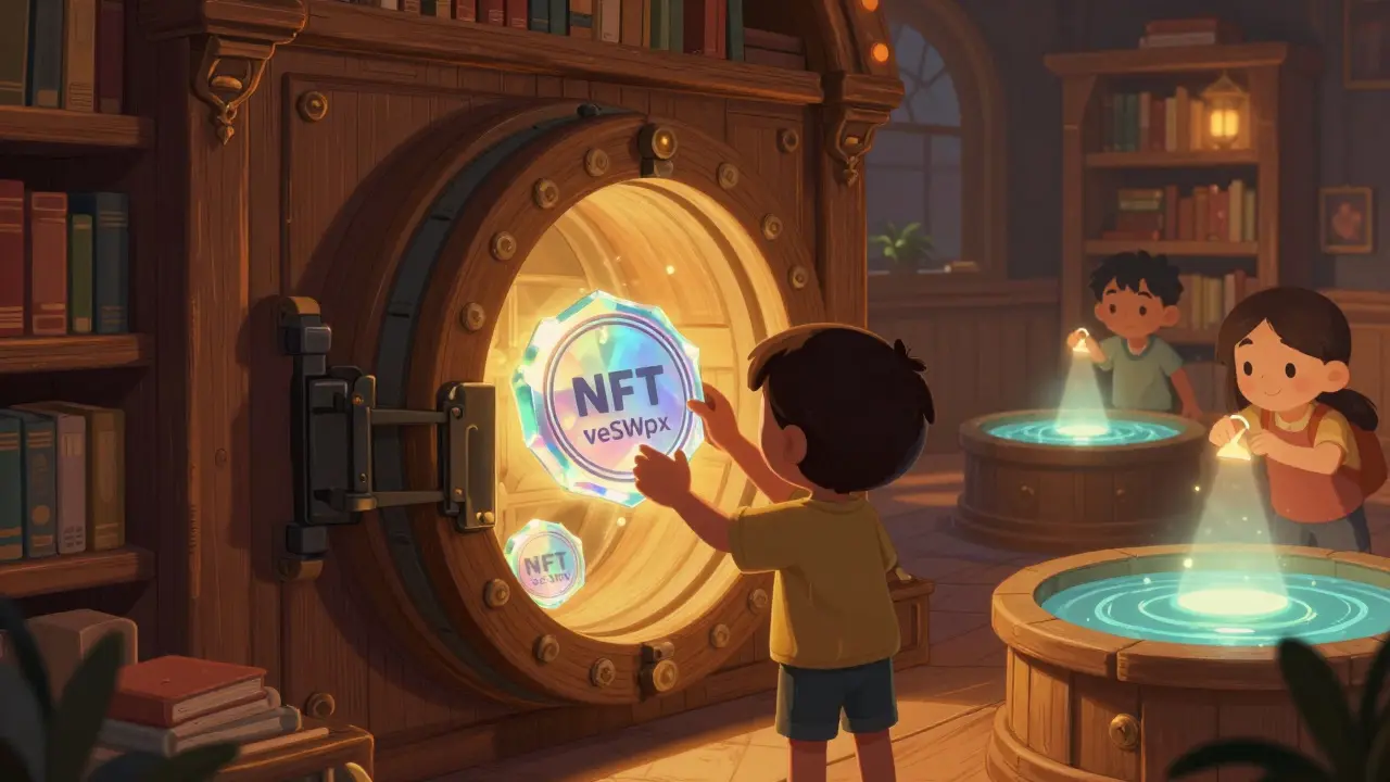 A character locking a crystalline token into a vault to create a shimmering NFT badge.