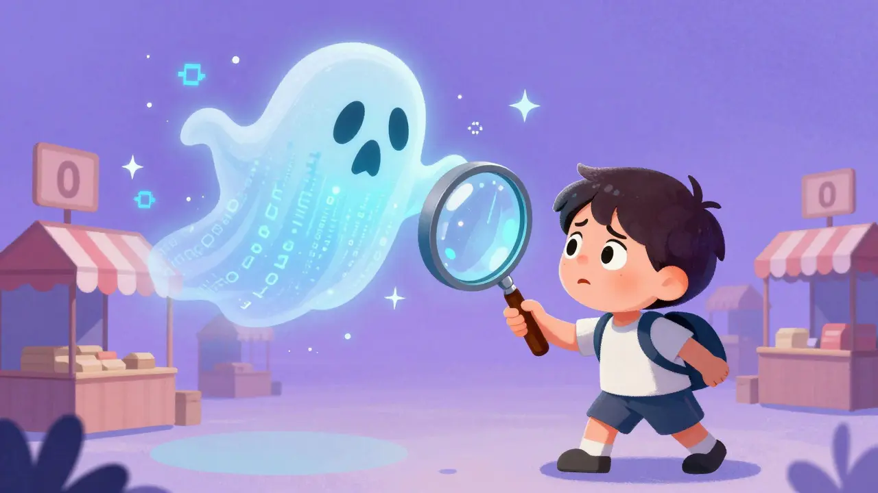 A character using a magnifying glass to look at a translucent digital ghost