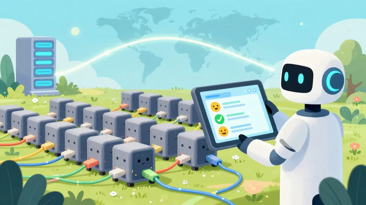 A cheerful, futuristic mining farm with smiling machines and a friendly robot technician.