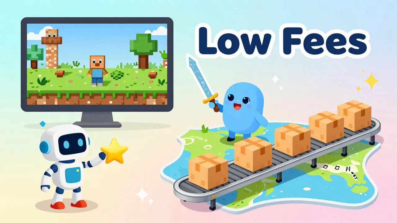 A collage of robots trading stars and playing a game with digital items.