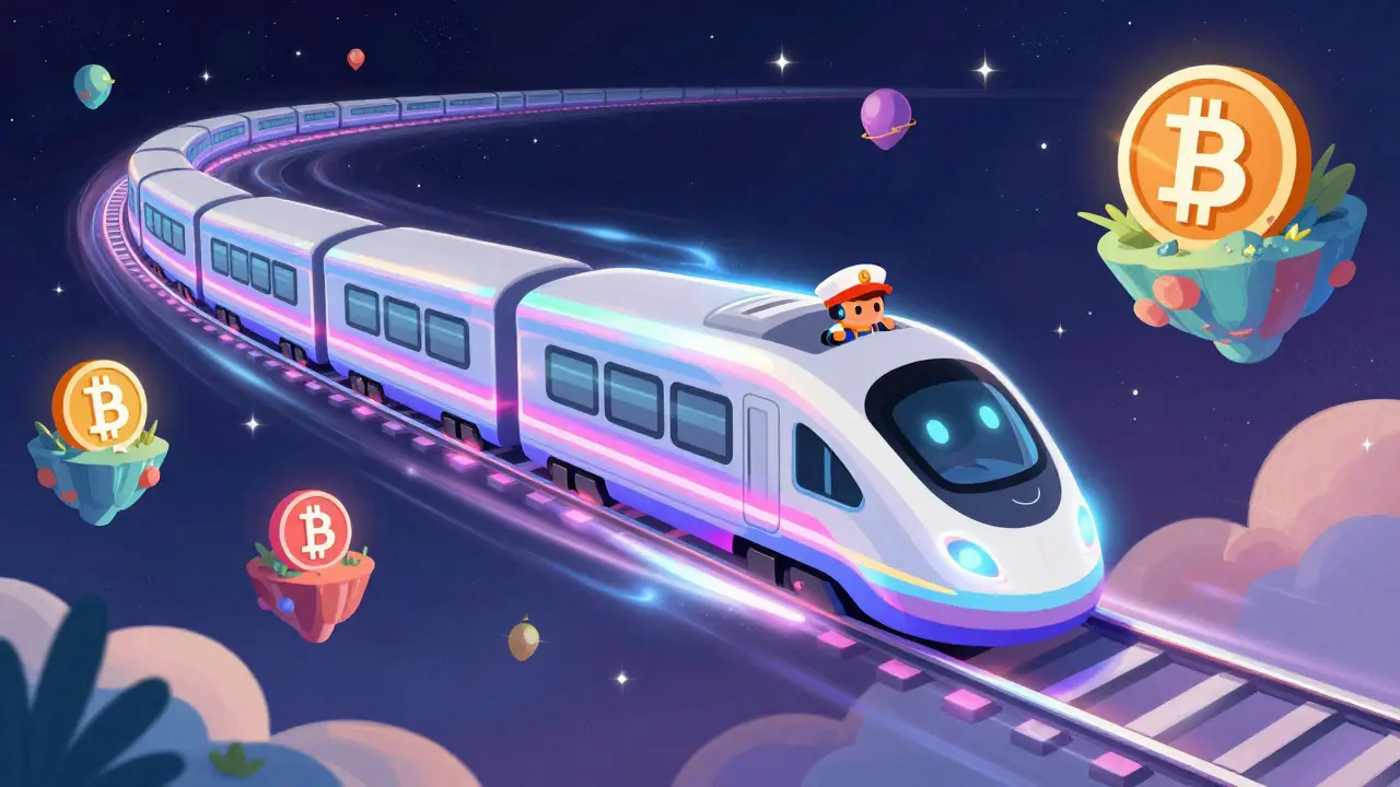 A colorful neon train speeding through a cosmic space with crypto islands.