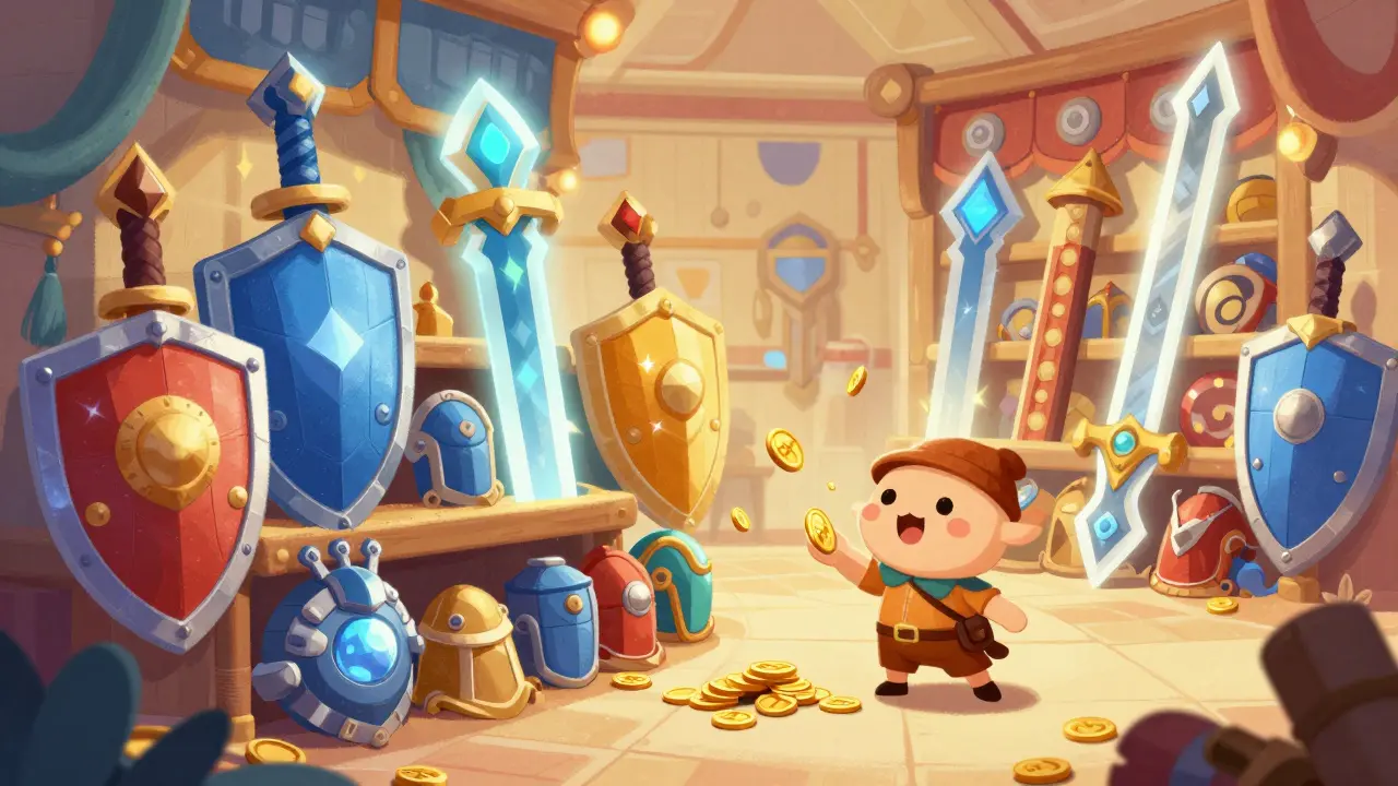 A cute avatar buying colorful weapons and armor in a whimsical digital shop.