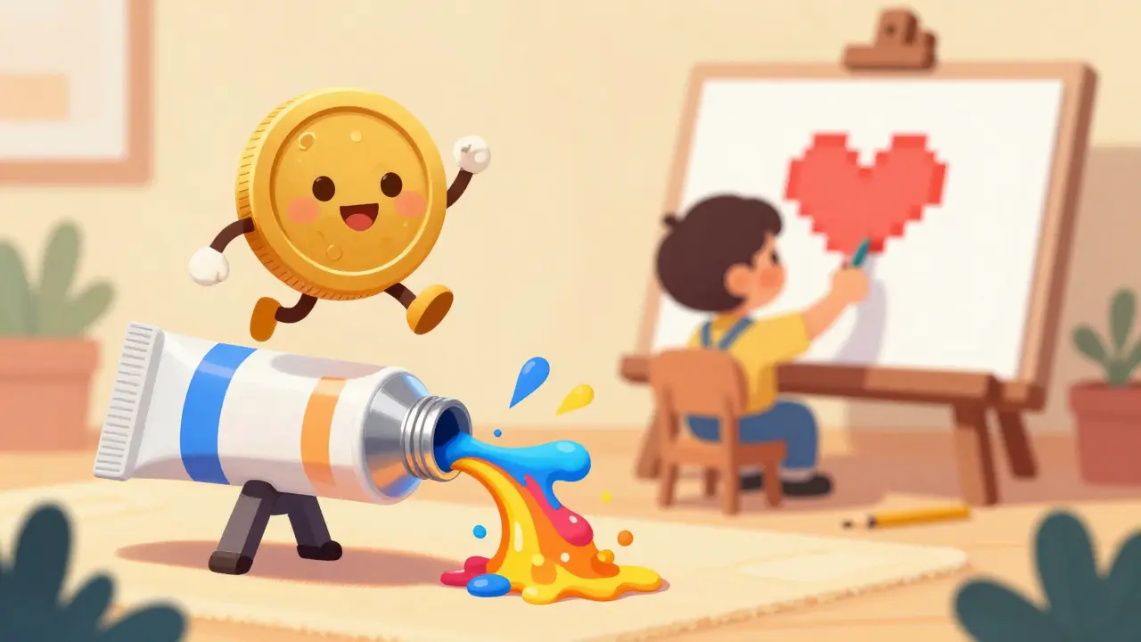 A cute gold coin transforming into a splash of colorful paint for a digital canvas.