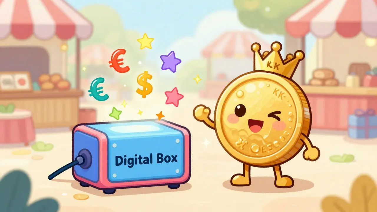 A cute golden coin character next to a colorful digital currency conversion device.