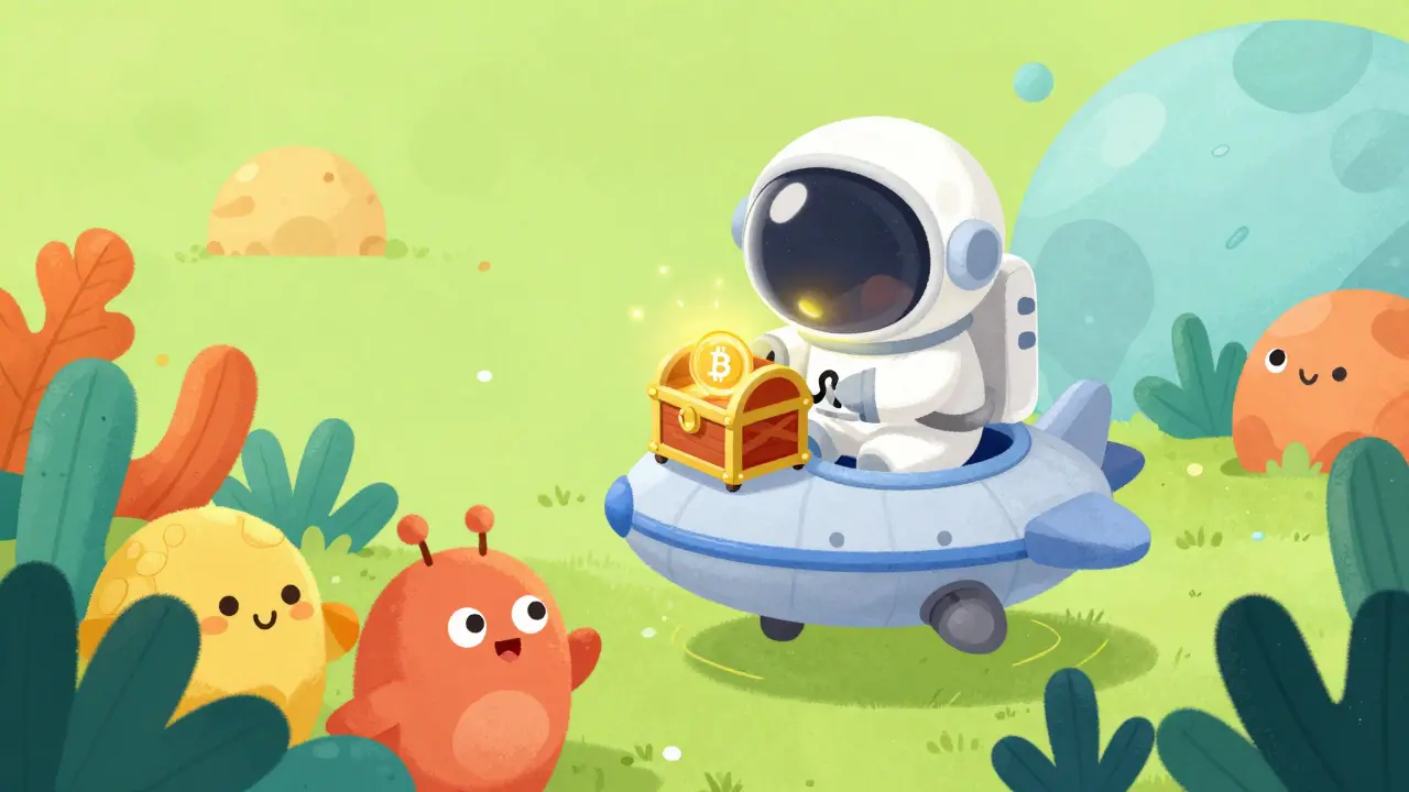 A cute spaceship landing on a colorful alien planet to find a glowing golden treasure chest.