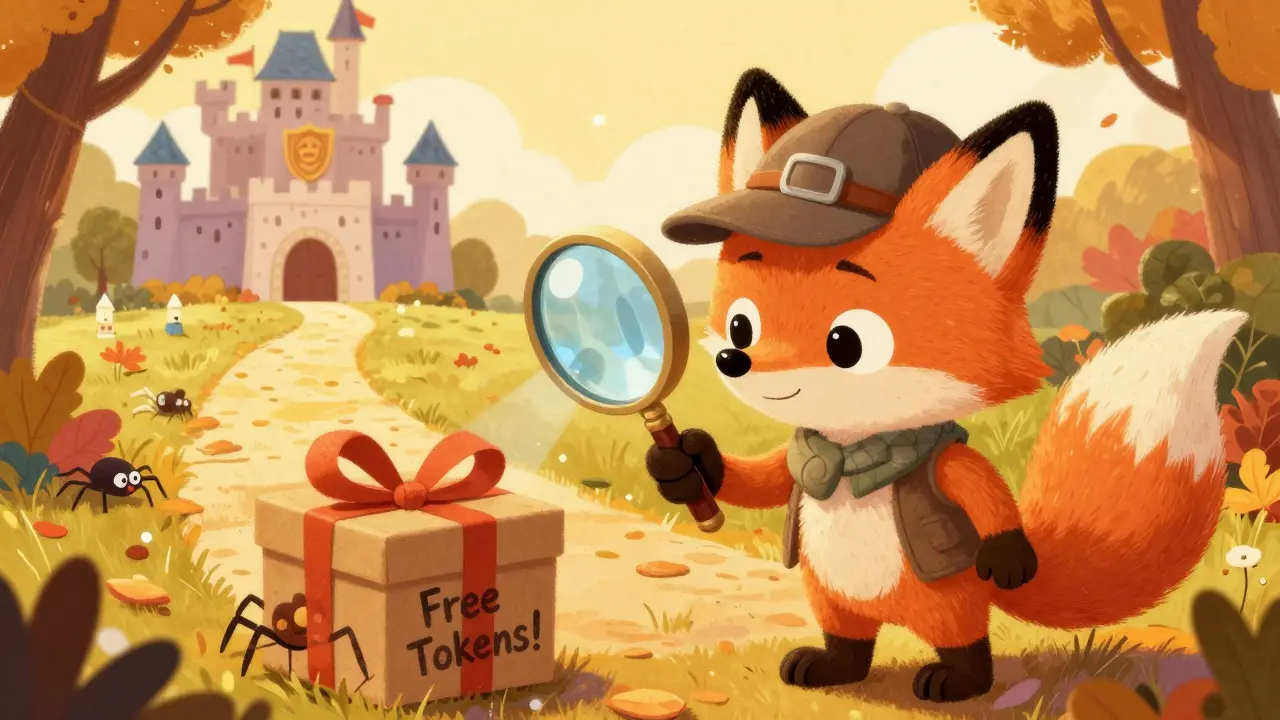 A detective fox using a magnifying glass to spot a scam gift box while heading toward a safe castle