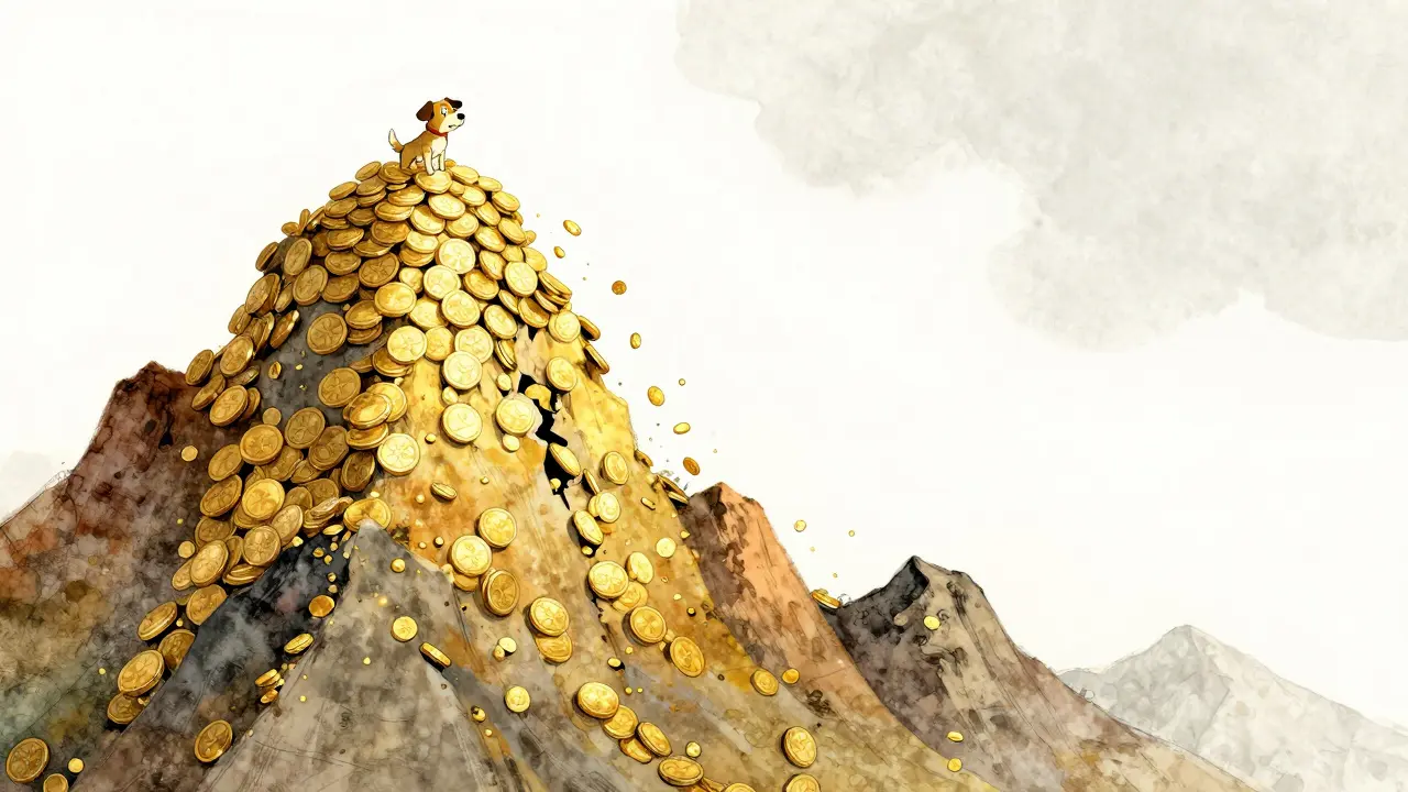 A dog on a crumbling mountain of gold coins representing a price crash.