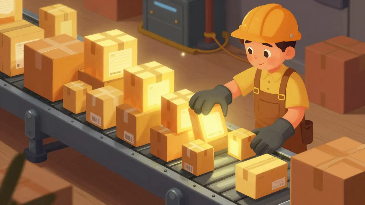 A friendly miner selects glowing packages on a sorting belt.