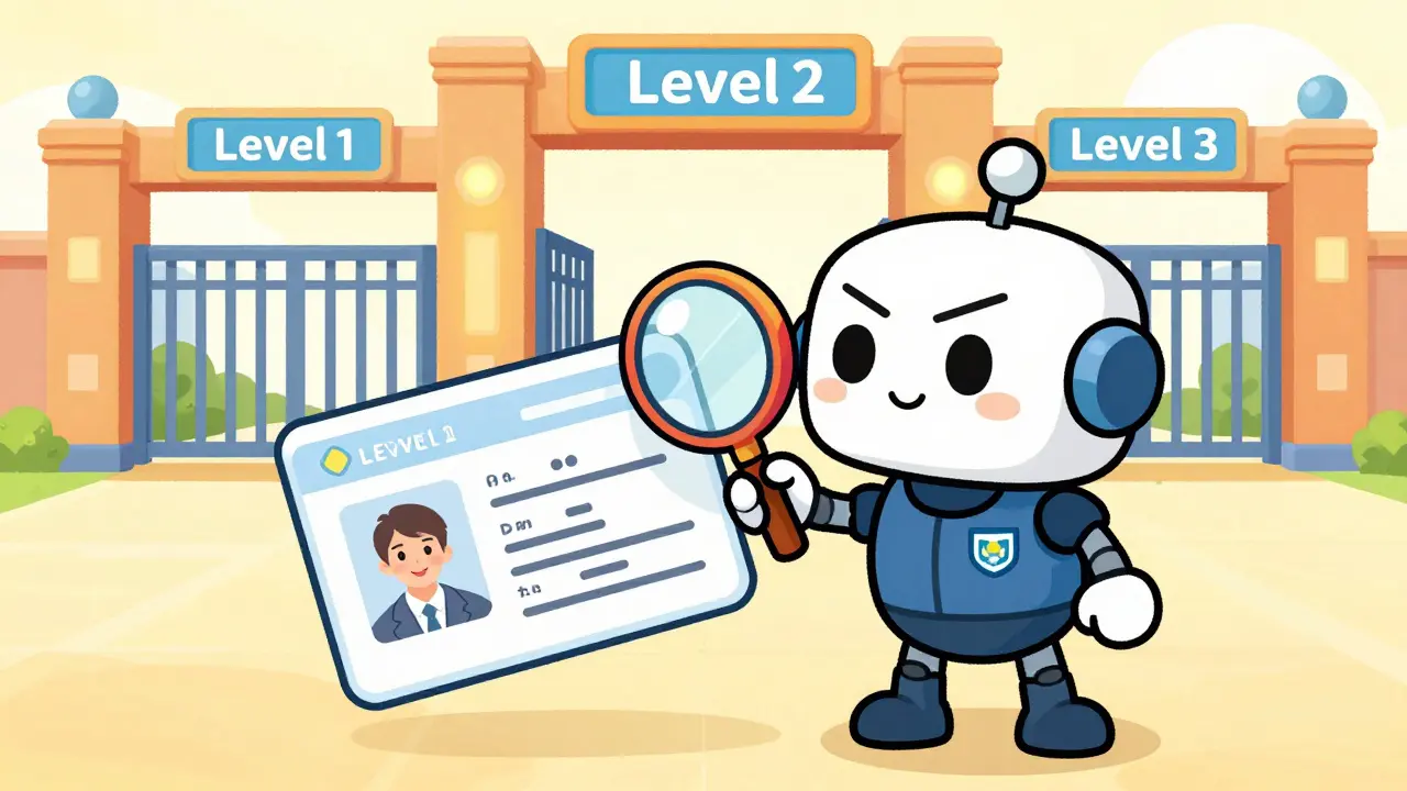 A friendly robot verifying a large ID card next to colorful security gates.