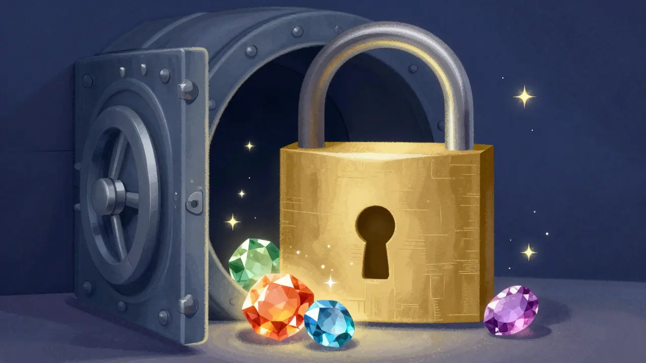 A friendly, smiling padlock vault protecting various glowing cryptocurrency gems.