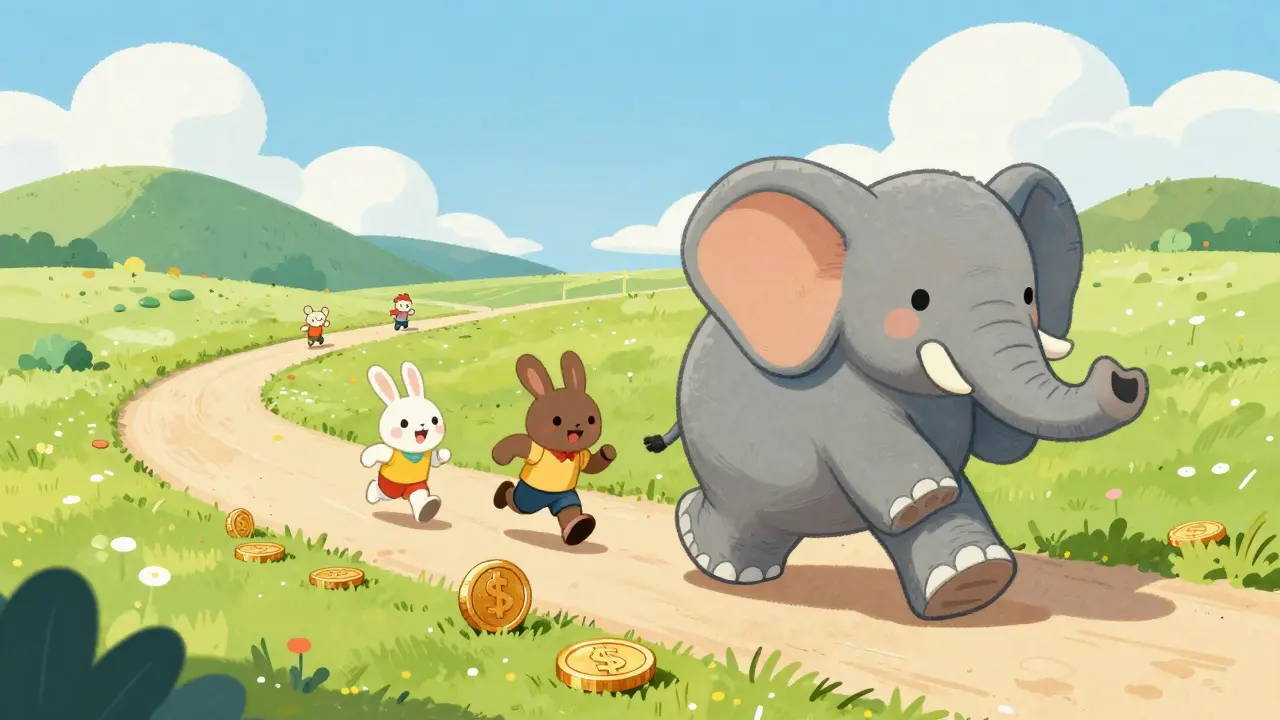A giant elephant and a small rabbit racing on a colorful winding path.