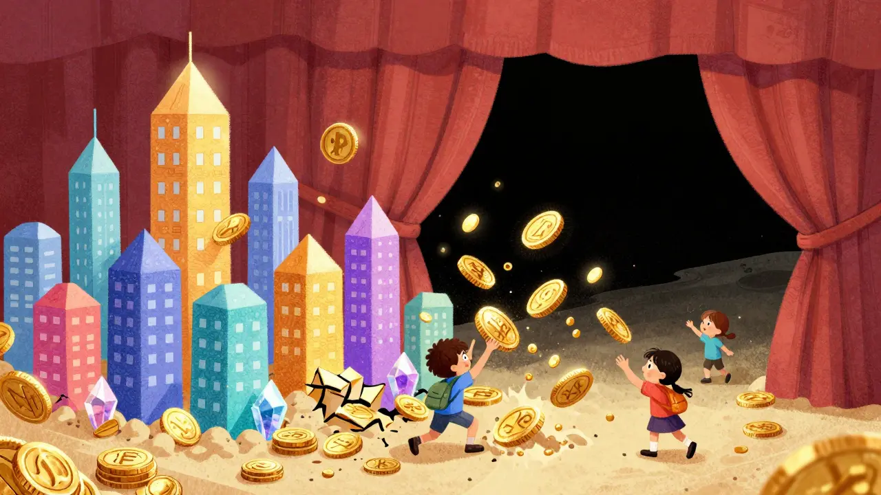 A glittering digital city of coins crumbling into sand against a dark void.