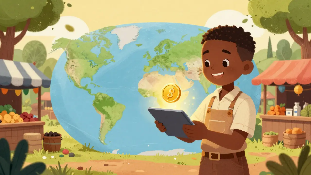 A Kenyan business owner receiving a digital payment from Europe on a glowing tablet.