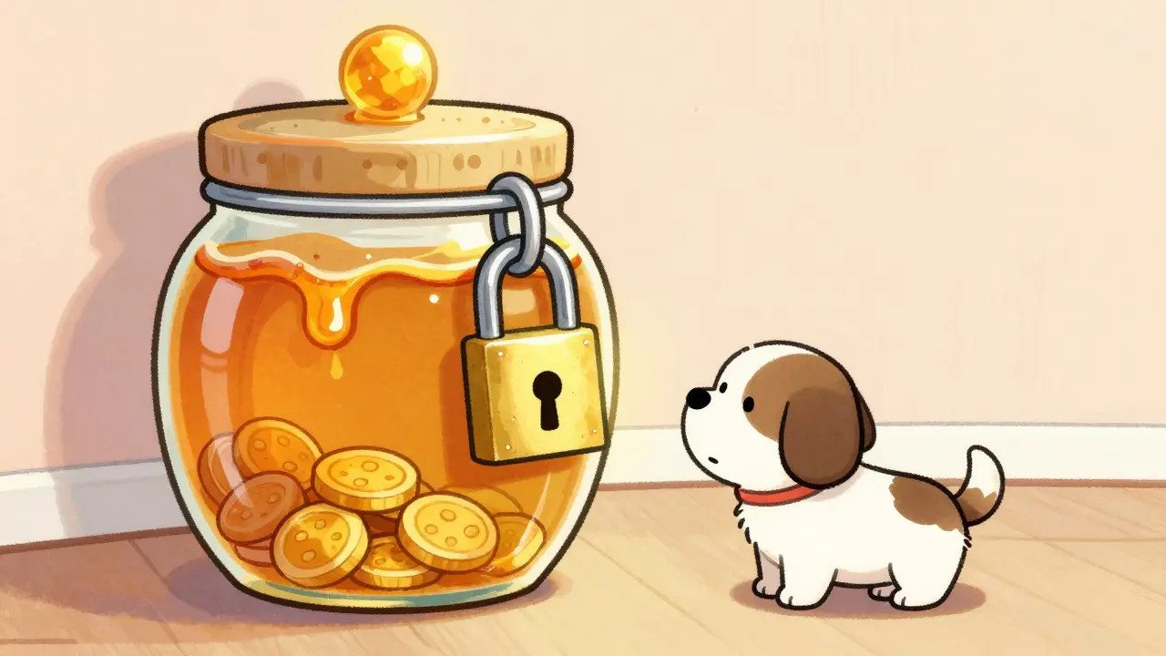 A locked honey jar full of gold coins with a sad dog looking on.