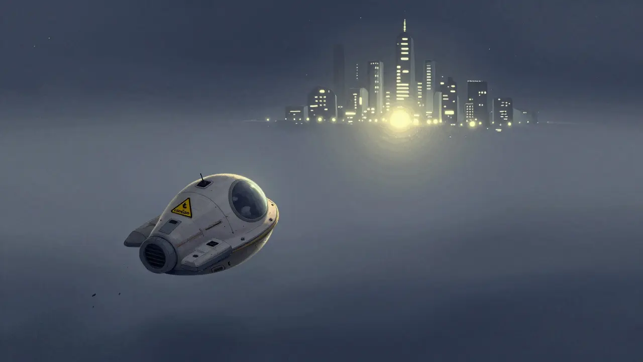 A lonely, small spaceship drifting away from a distant, glowing galactic city in deep space.