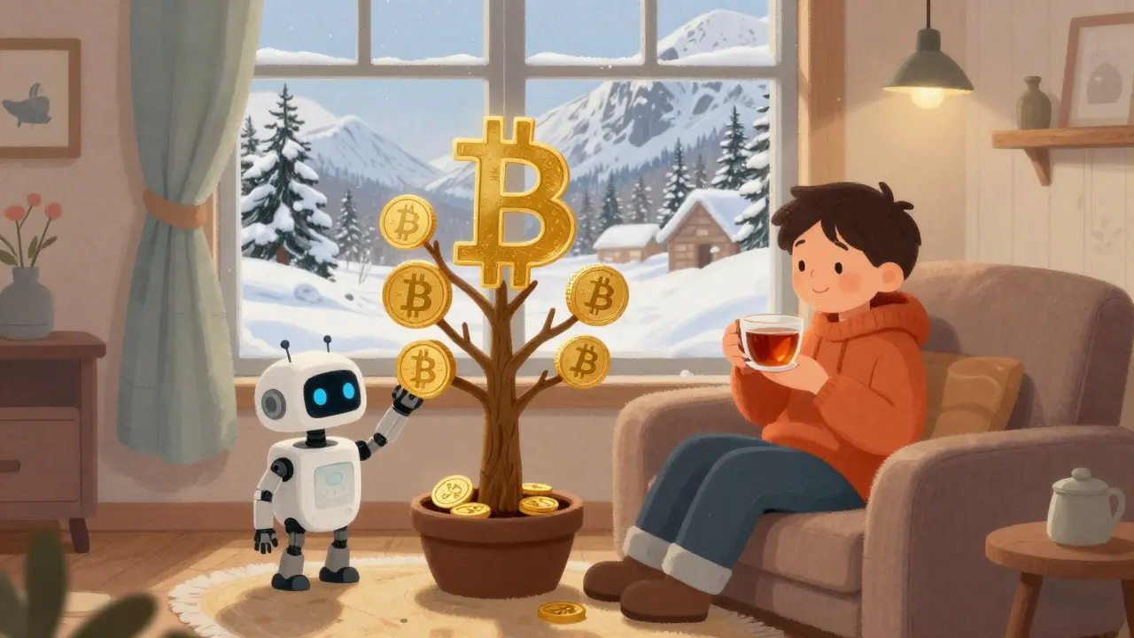 A person relaxing in a cozy room while a golden Bitcoin tree grows, symbolizing yield.