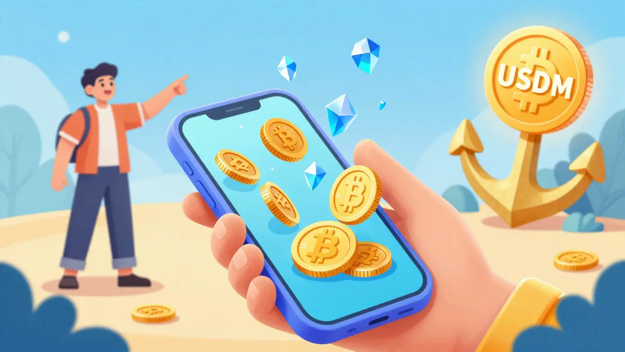 A person using a colorful app to buy digital assets with a stable coin anchor nearby.