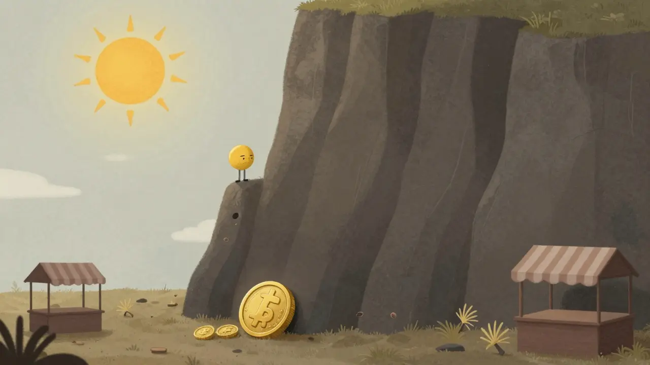 A sad golden coin character at the bottom of a steep cliff in a quiet ghost town