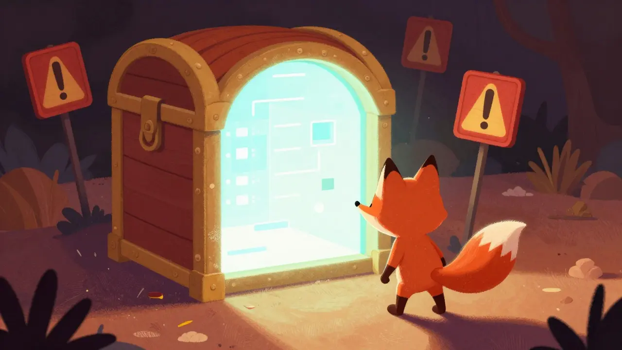 A skeptical fox standing before a glowing, suspicious digital treasure portal