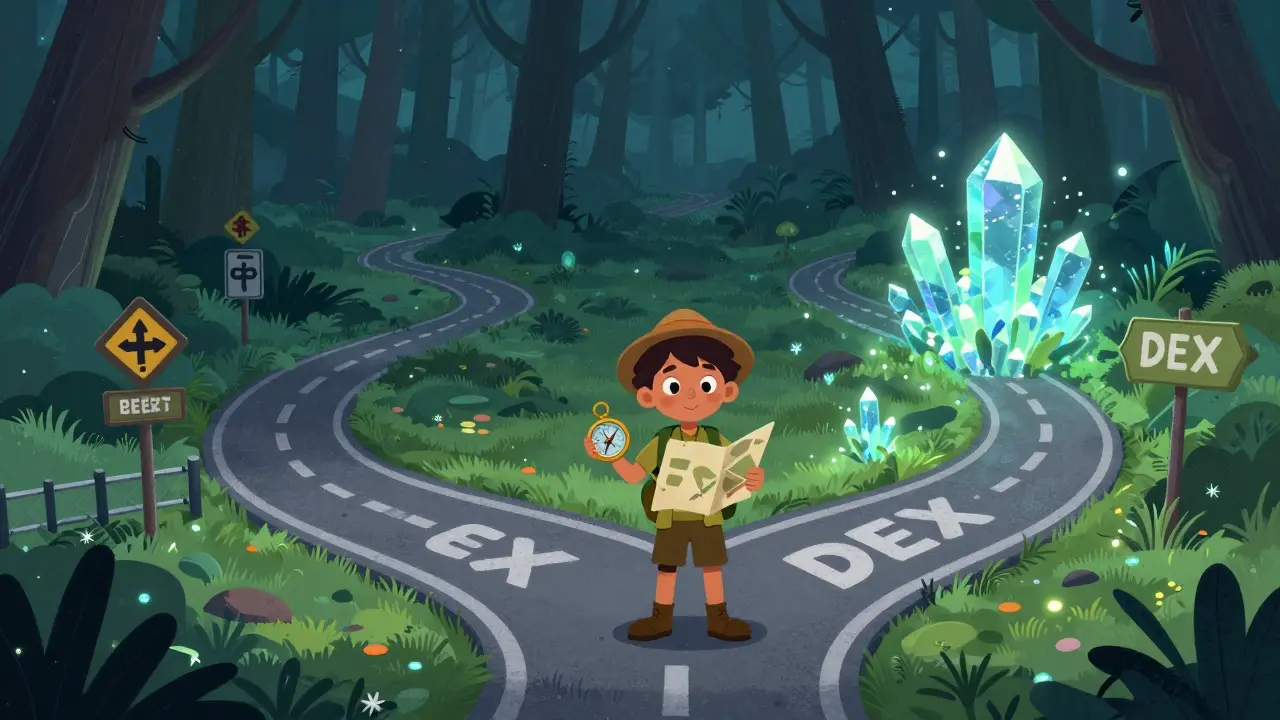 A small explorer choosing between a fenced road and a shimmering crystal path.