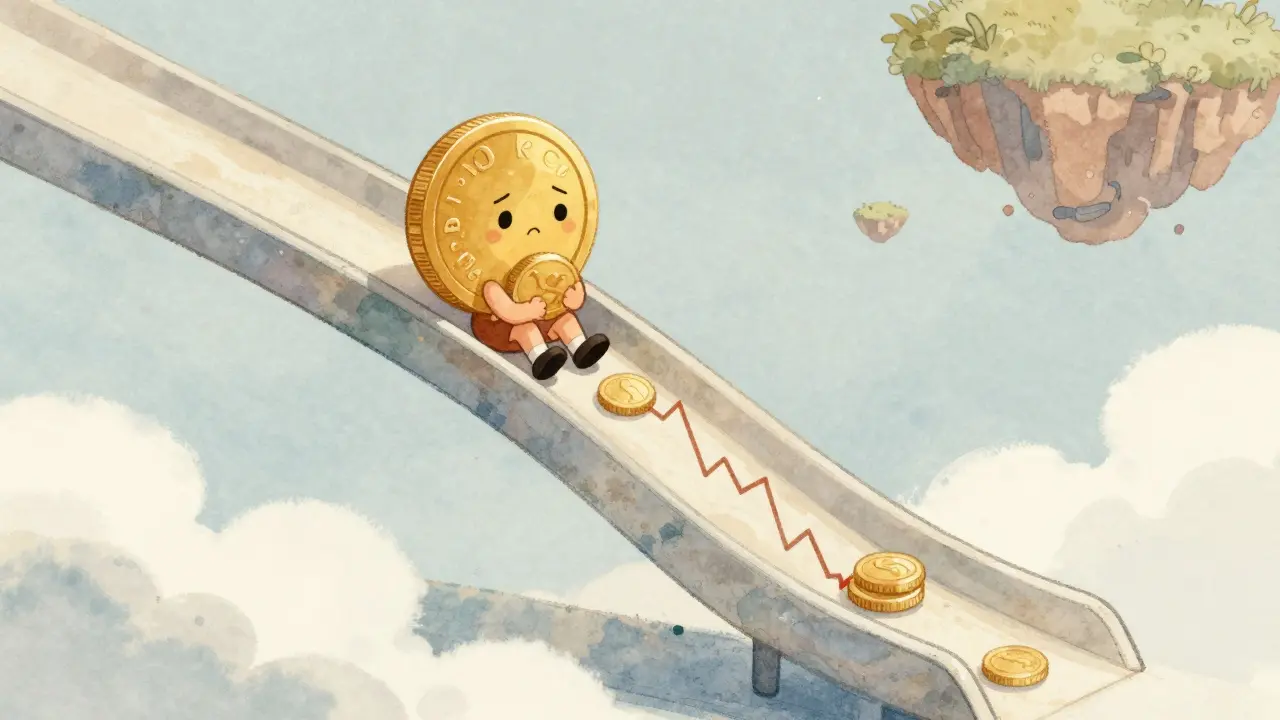 A small gold coin character sliding down a downward-sloping financial chart.