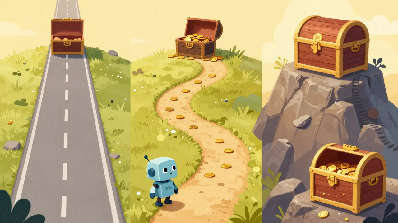 A small robot choosing between three different paths leading to treasure chests of gold.