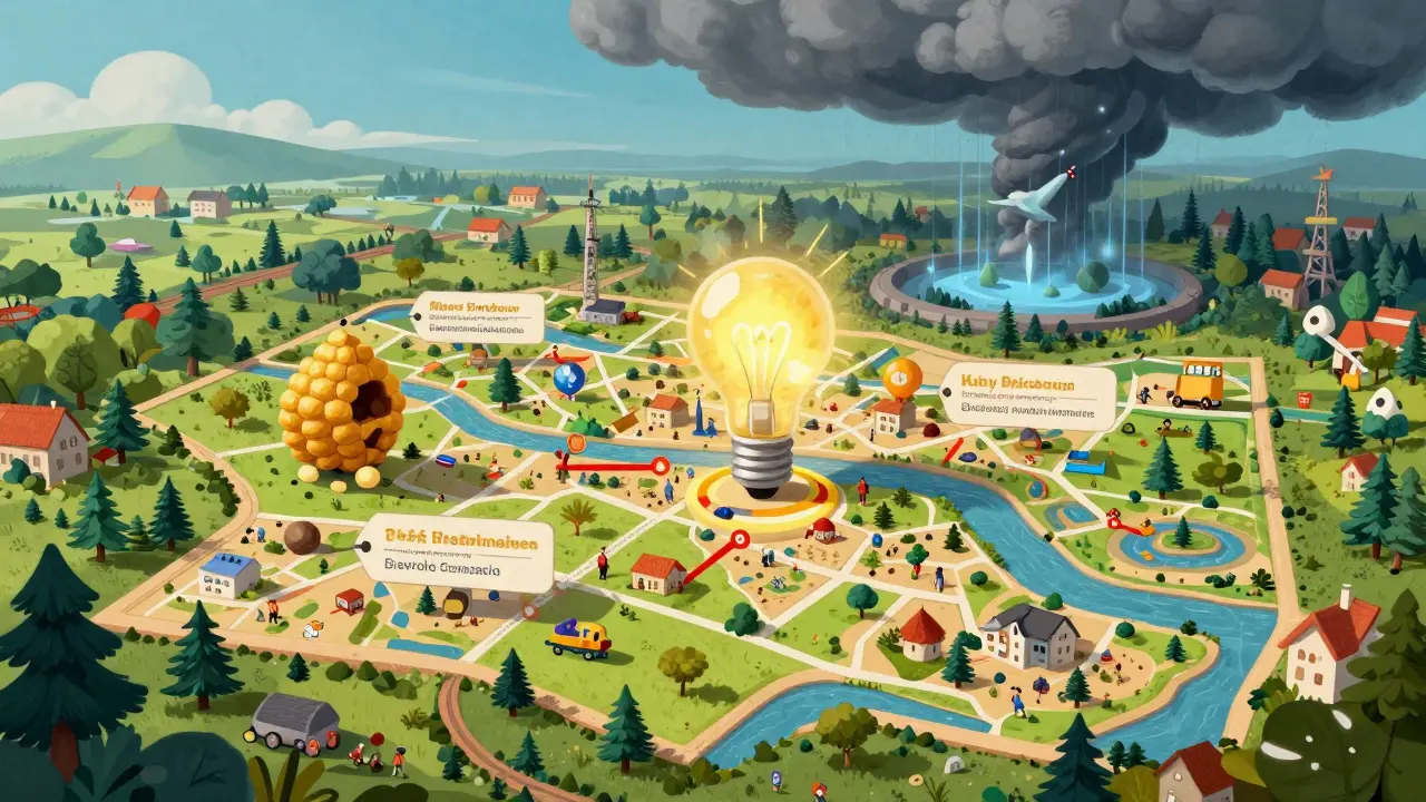 A whimsical 3D map with symbols for community, innovation, and economy.