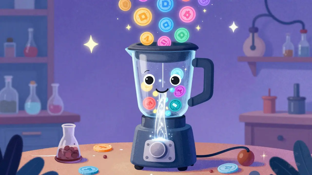 A whimsical blender mixing different colorful tokens into a shimmering stream of silver light