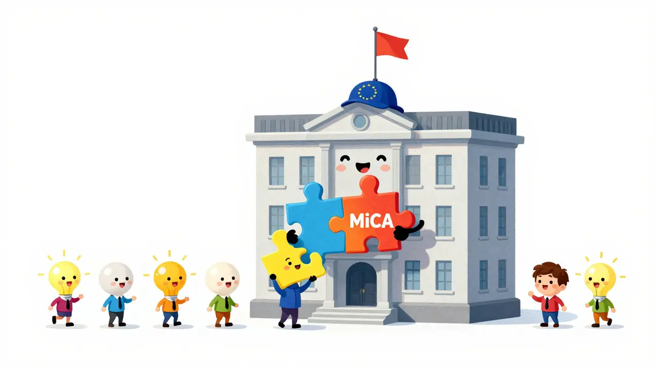 A whimsical building fitting a MiCA puzzle piece into a legal framework.