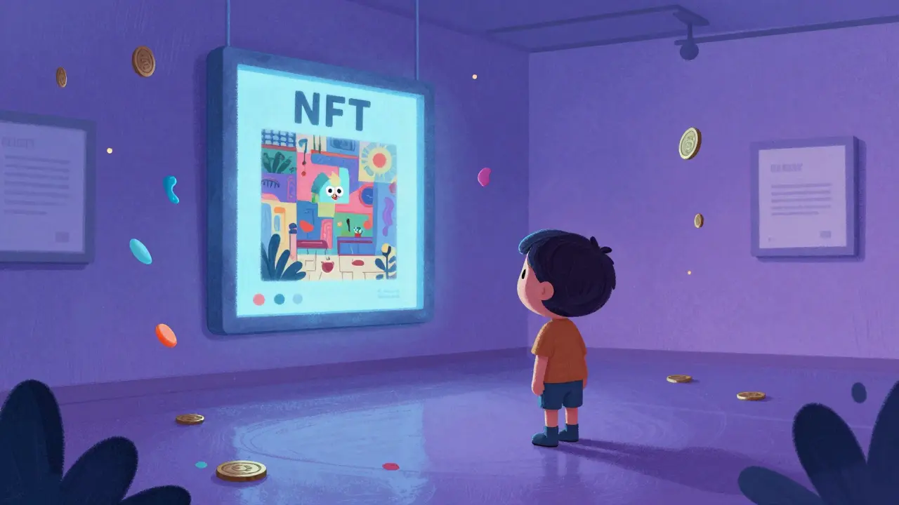 A whimsical character viewing a glowing NFT frame of a digital painting in a twilight gallery.