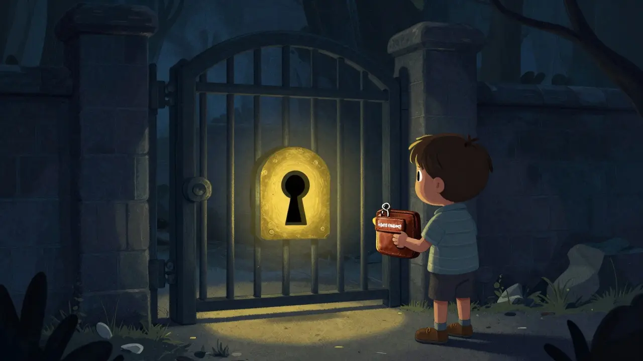 Character with a tiny wallet looking at a mysterious locked gate in a dim environment