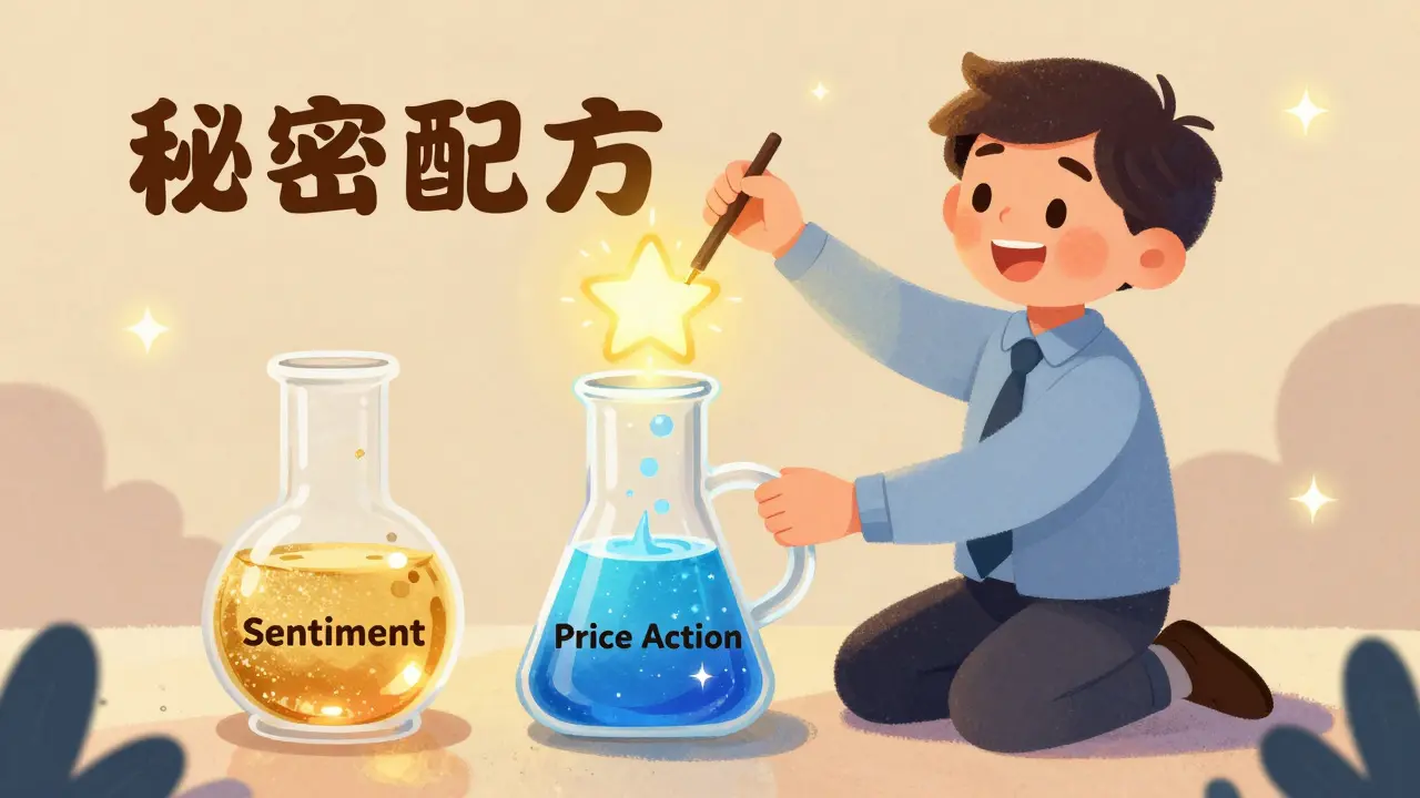 Cheerful character mixing sentiment and price action potions to create a shining star