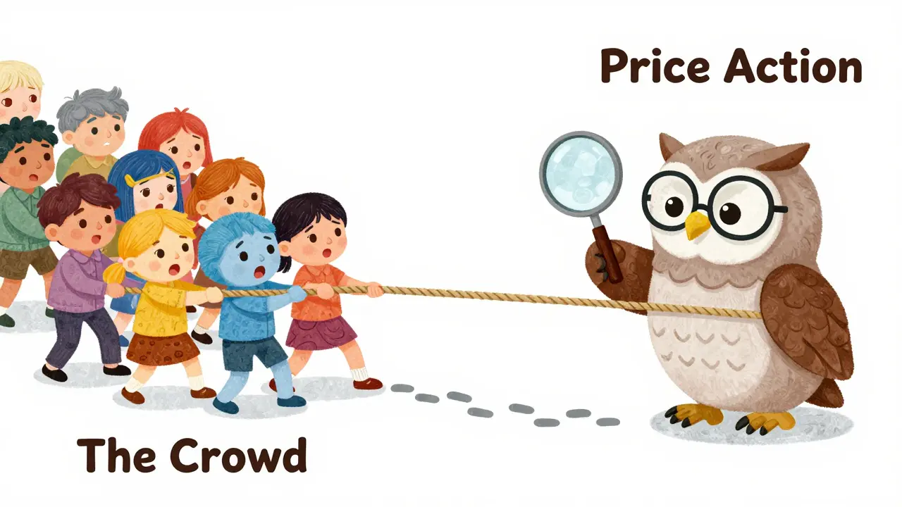 Crowd of colorful characters in a tug-of-war with a scholarly owl examining footprints