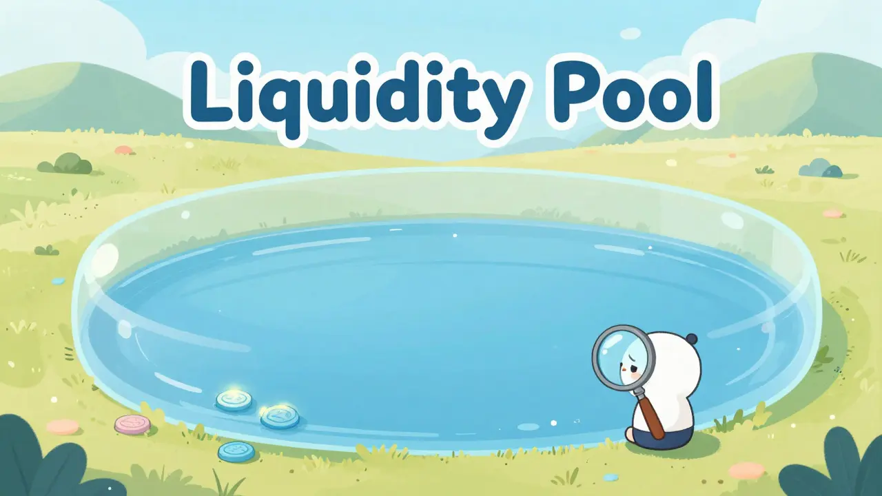 Cute character looking into a nearly empty sparkling liquidity pool