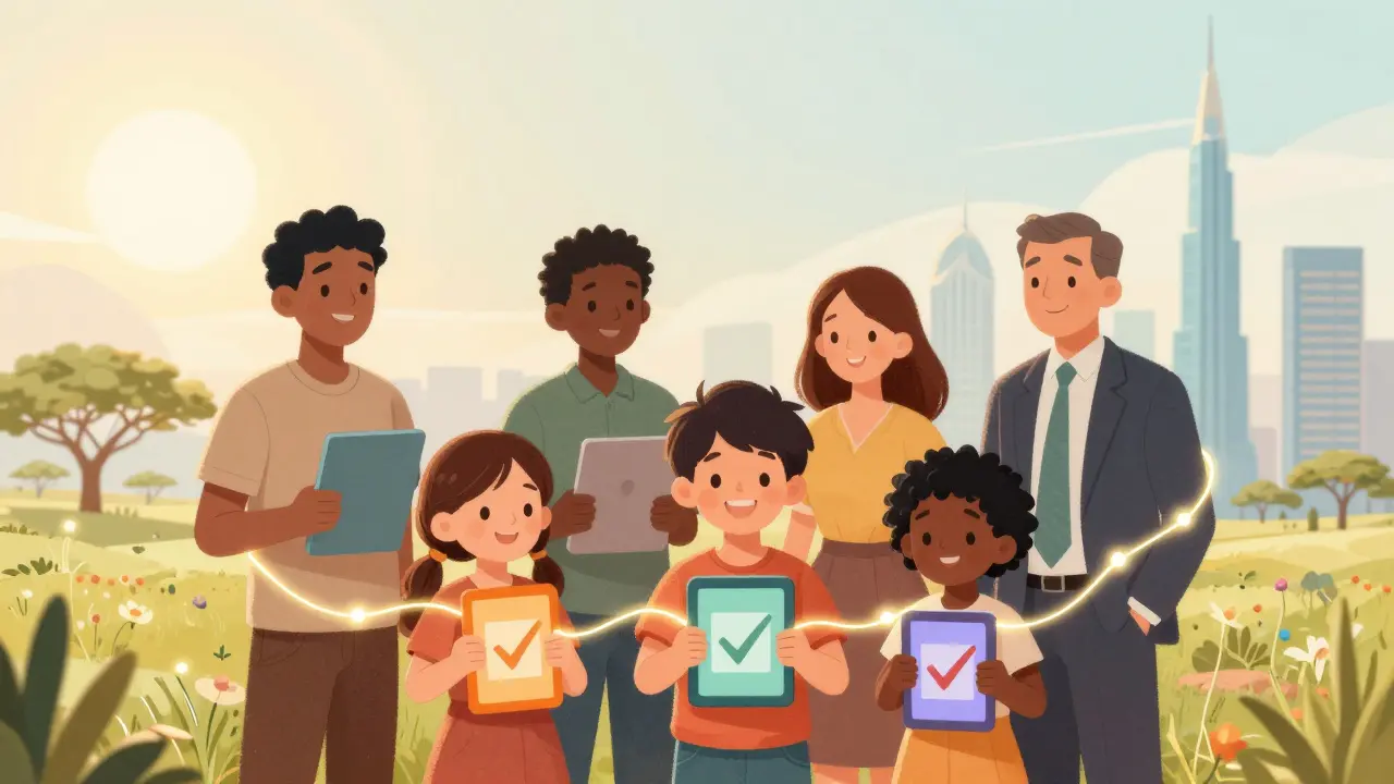 Diverse people from Kenya and Dubai connected by a golden thread of light.