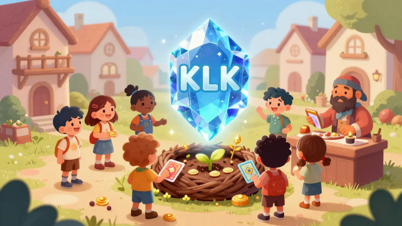 Diverse people interacting with a glowing KLK token and staking their assets in a cozy nest.