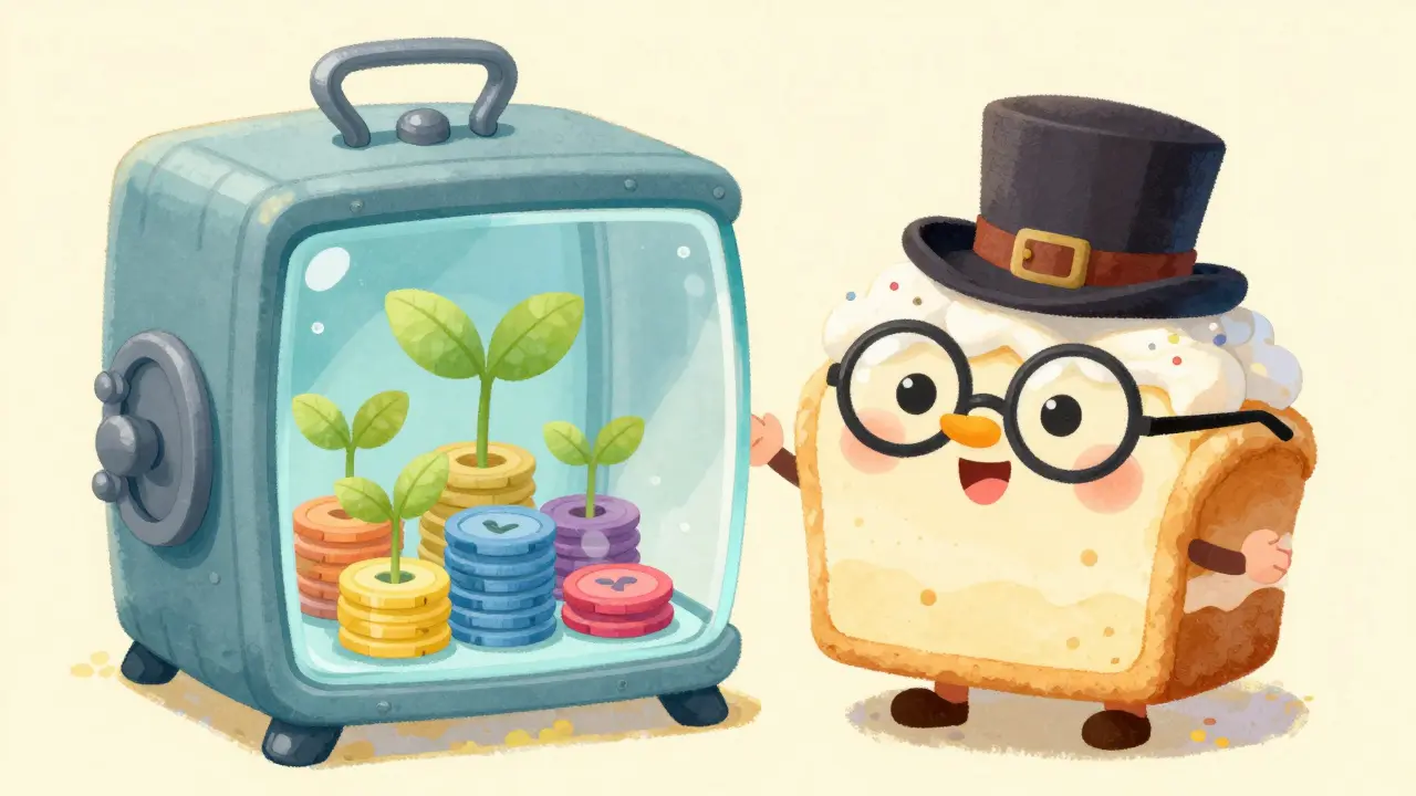 Friendly cake character standing by a glass vault where digital tokens are growing like plants.