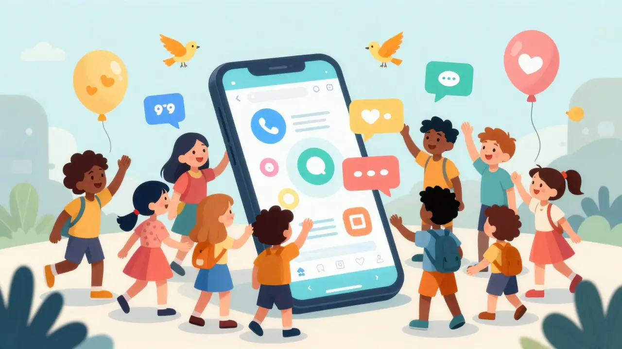 Happy people interacting with floating social media icons around a large glowing smartphone.