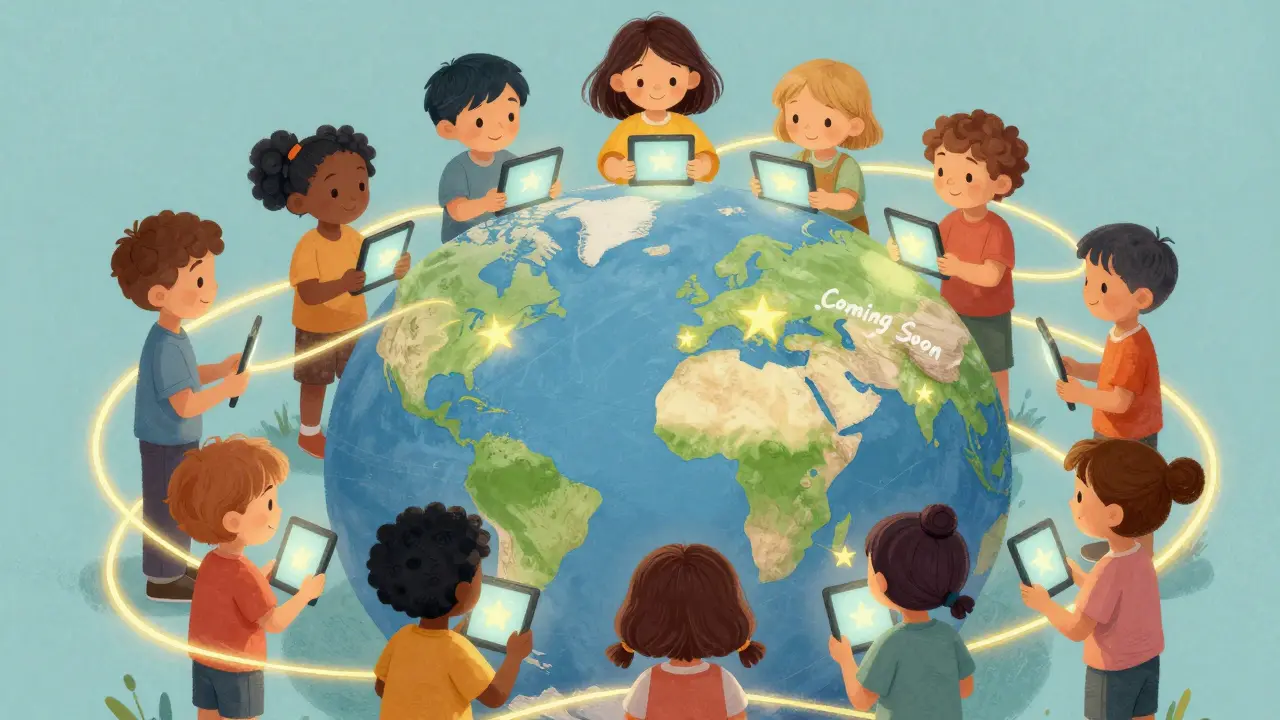 People around the world connected by golden ribbons of light using digital tablets.