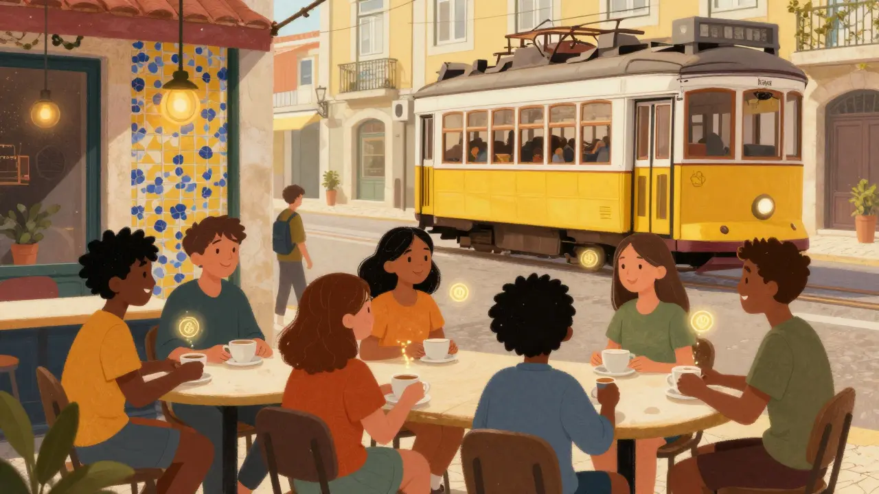 People chatting at a colorful Lisbon cafe with floating crypto symbols.