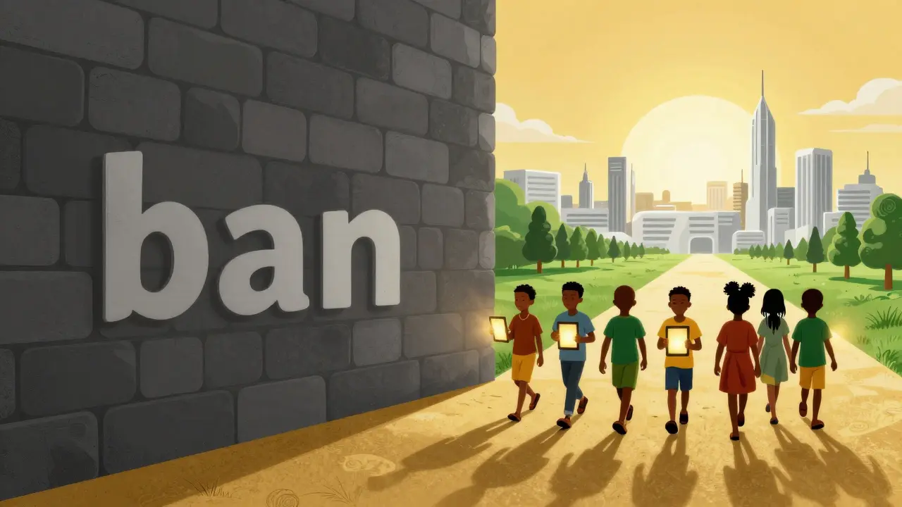 People walking from a gray wall toward a bright, golden digital future