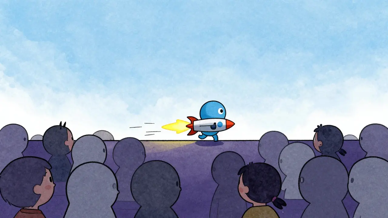 Small character flies over a crowd using a rocket booster.