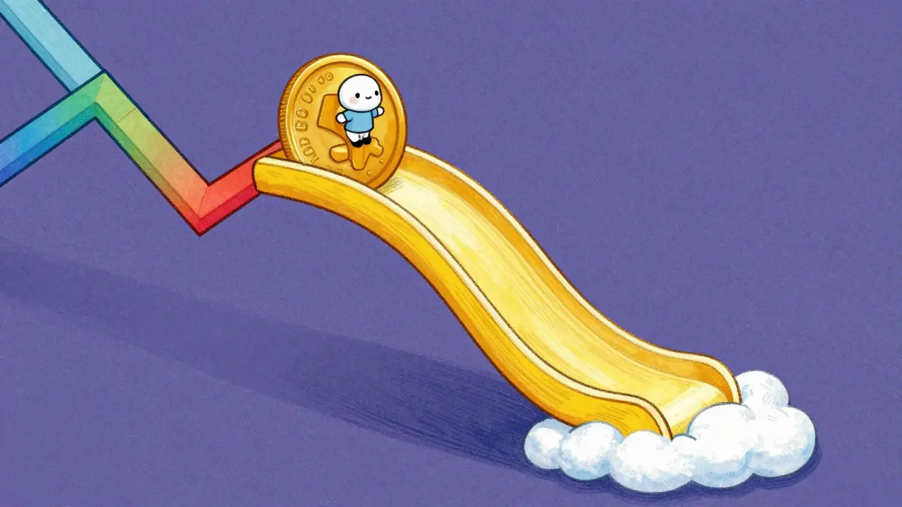 Small character sliding down a steep colorful graph line on a golden token