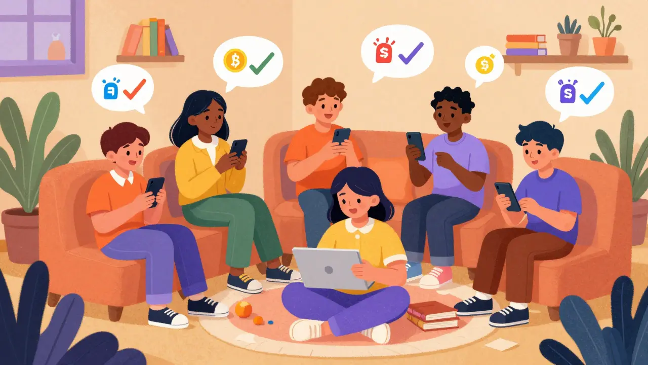 Students collaborating in a colorful room using mobile devices