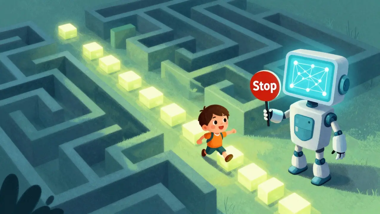A character stopped by a robot guard in a bright, traceable crypto path maze.