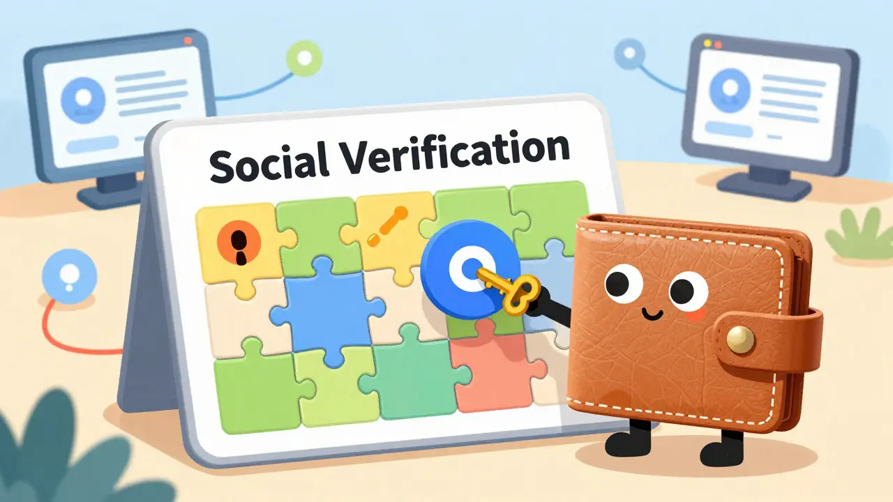 A cute wallet character solving a puzzle board for social verification tasks.