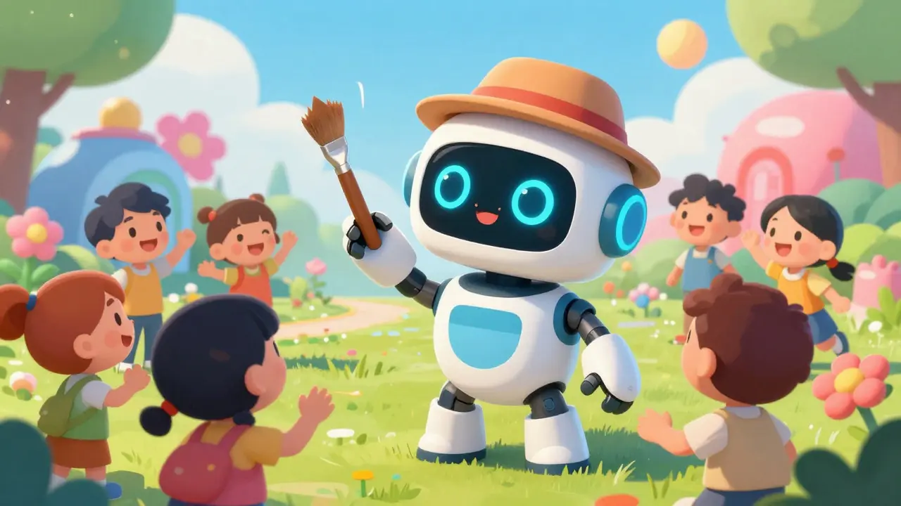 A friendly robot artist painting alongside children in a vibrant, futuristic park.