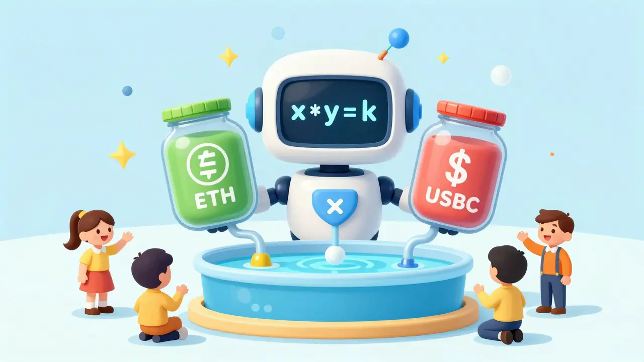 A friendly robot managing colorful token jars, illustrating automated market makers and liquidity pools.
